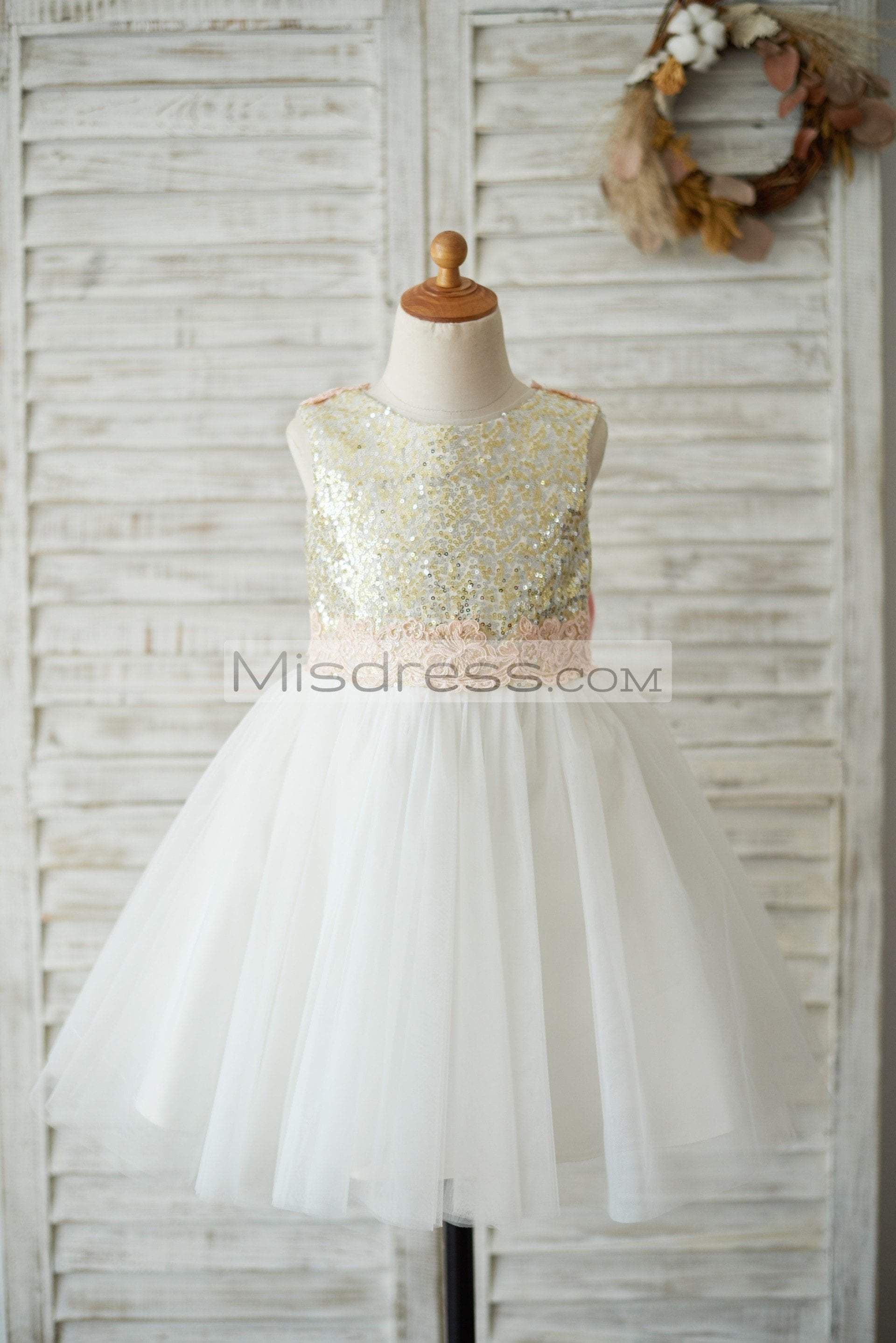 Flower Girl Dress Gold With Ivory or White Tulle With Black Satin Ribbon  Belt, Gold Sequin Dress Tulle, Christmas Dress Toddler and Girls 