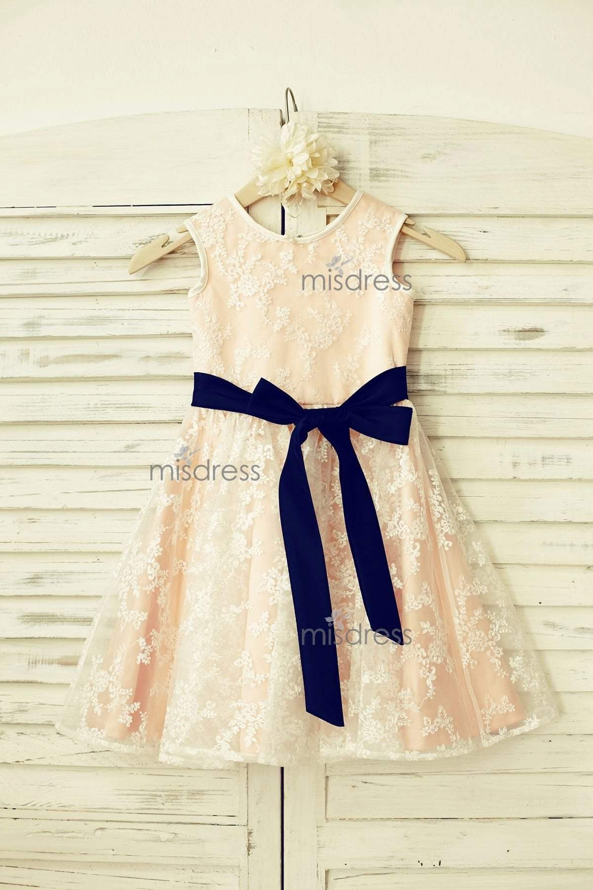 Ivory flower girl dress with navy sash best sale