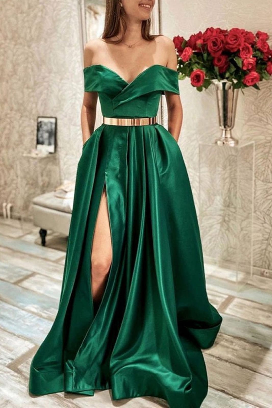 A-Line Prom Dress Green Satin Off Shoulder Surplice Pleats Slit, Gold |  Misdress