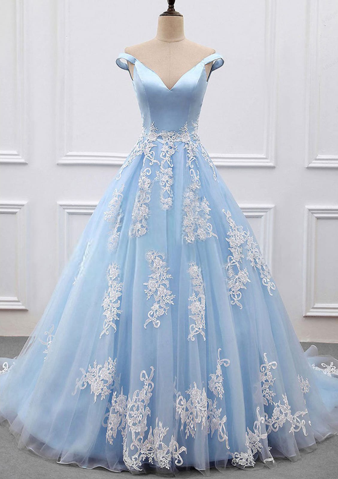 Off Shoulder V Neck Ball Gown Court Sky Blue Satin Tulle Prom Dress, L|  Misdress