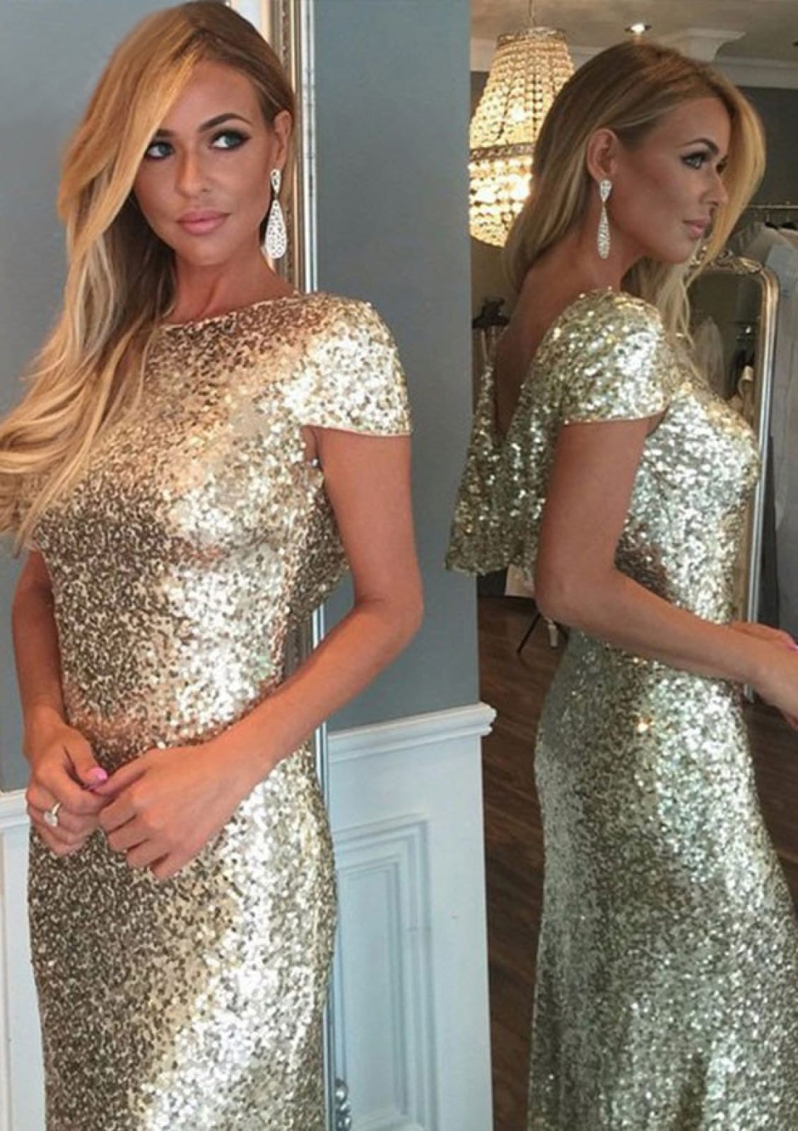 Sheath Bateau Short Sleeve Draped Floor Length Sweep Gold Sequin