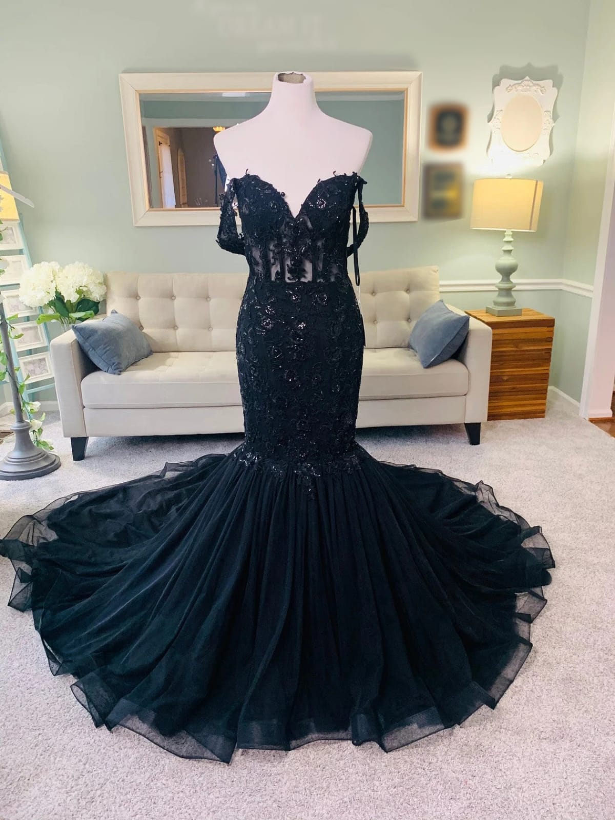 Glitter Lace Tulle Sweetheart Corset Court Black Wedding Dress