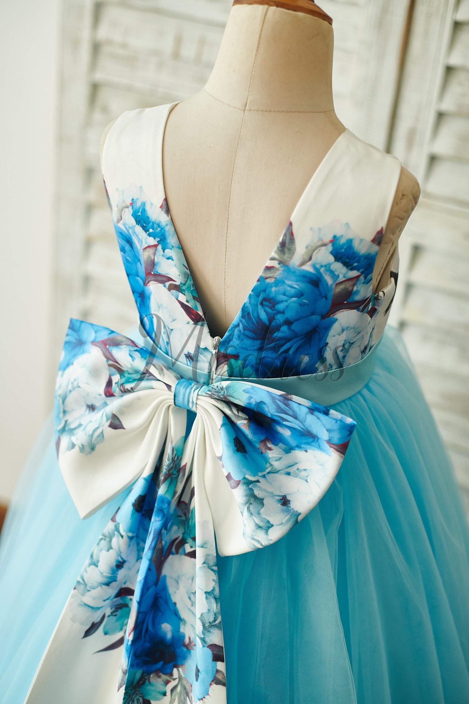 Ball Gown Blue Printed Floral Satin Tulle V Back Wedding Flower Girl D|  Misdress