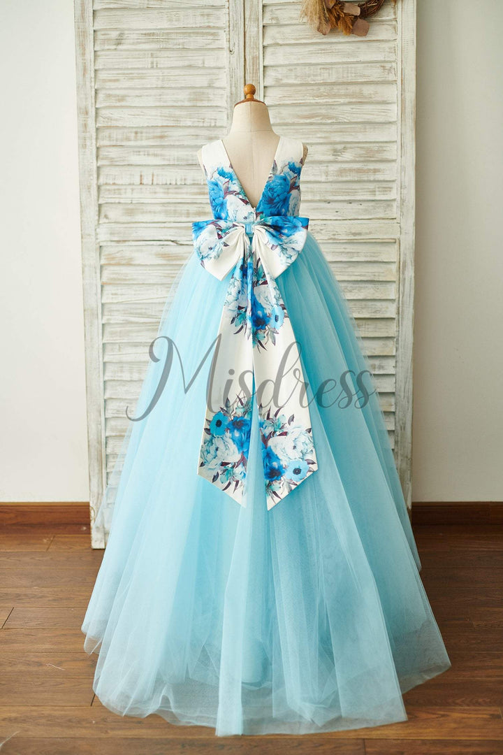 Ball Gown Blue Printed Floral Satin Tulle V Back Wedding Flower Girl D|  Misdress