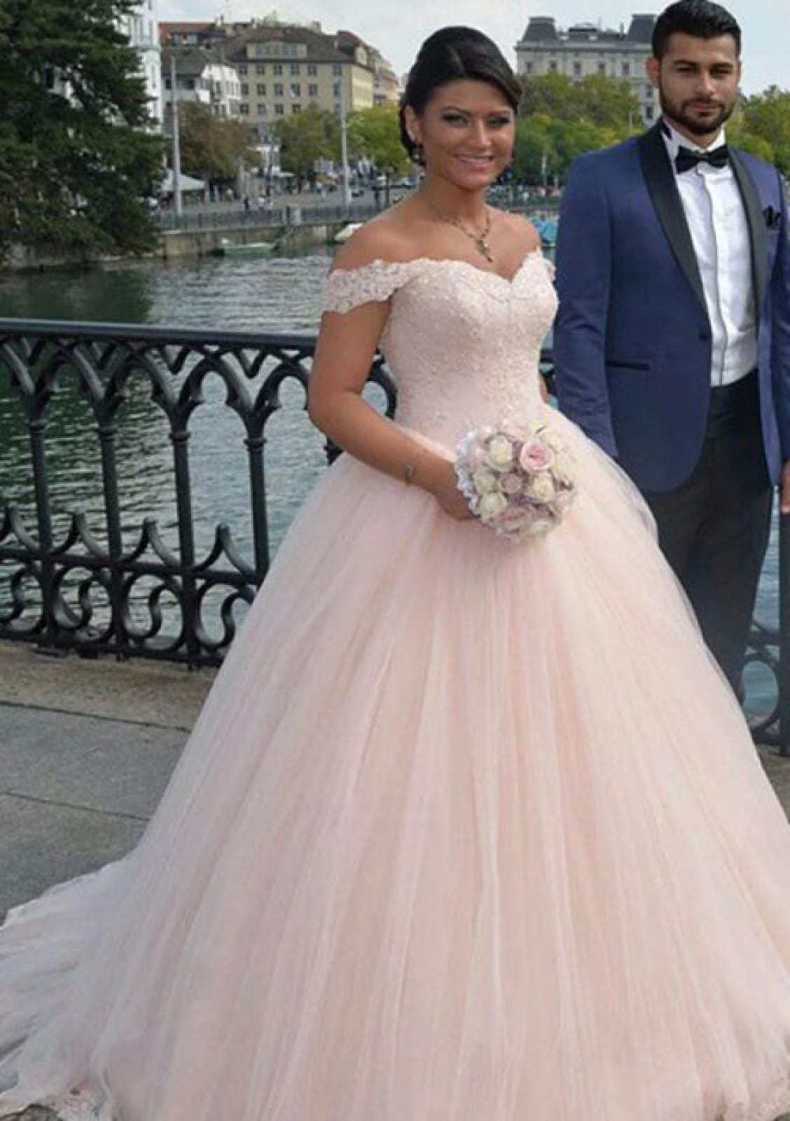 Blush Pink Tulle Ball Gown Off Shoulder Bridal Wedding Dress, Beaded ...