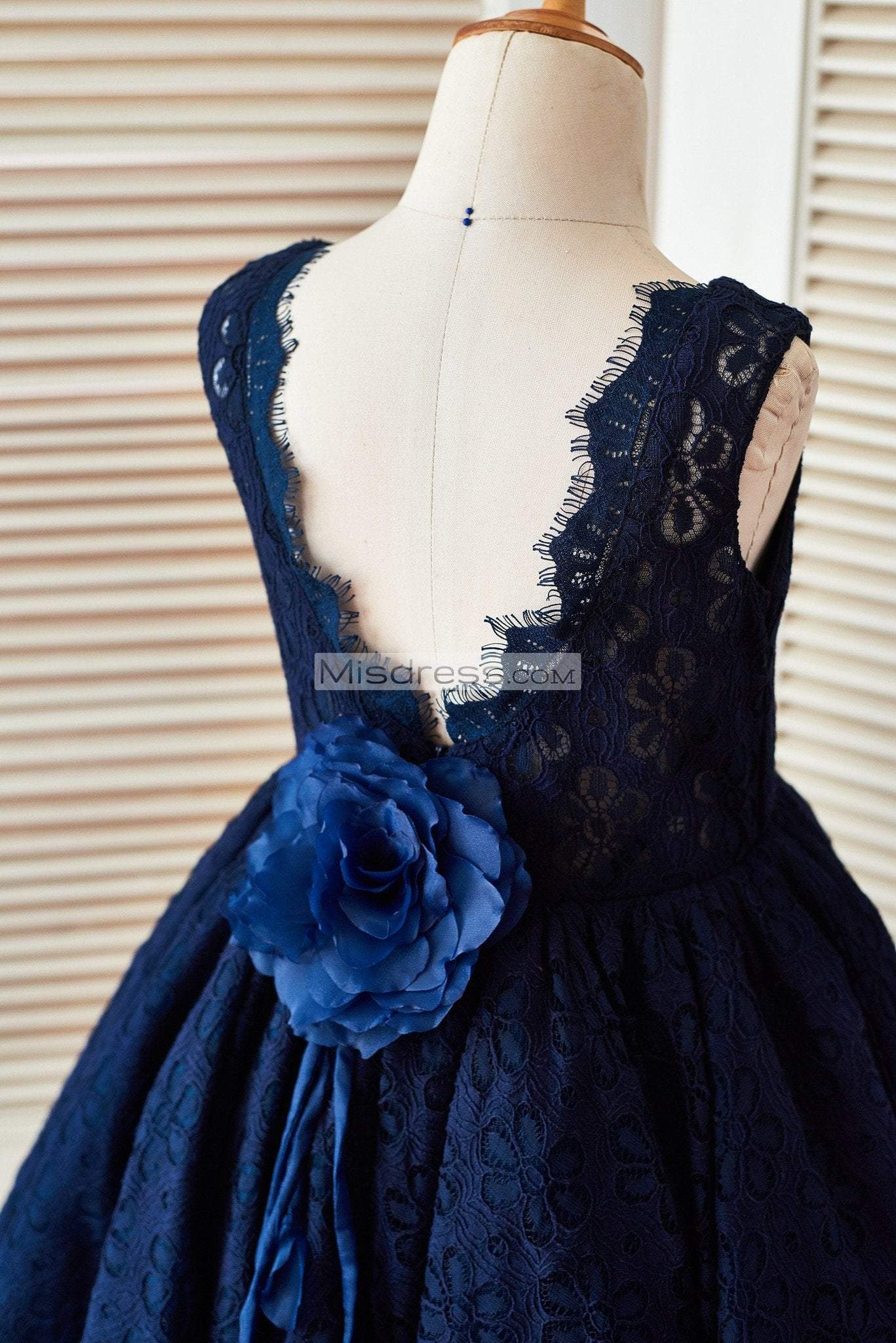 Deep V Back Navy Blue Lace Sleeveless Wedding Flower Girl Dress, Flowe|  Misdress