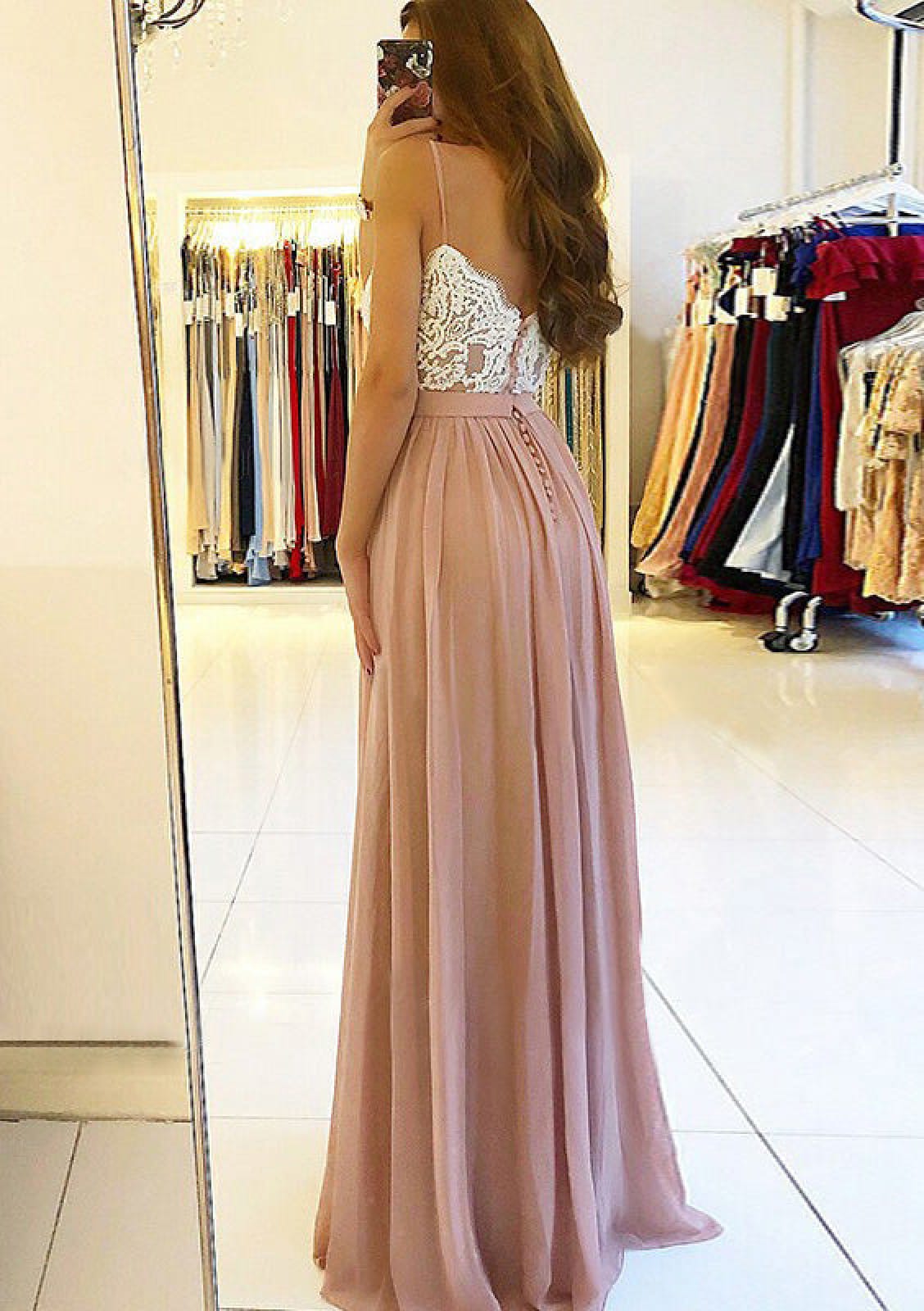 V Neck Spaghetti Strap Cross Open Back Long Chiffon Split Prom