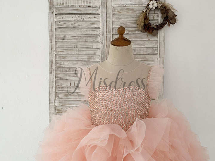 Fluffy Sleeves Beaded Peach Tulle Organza Wedding Flower Girl Dress Ki|  Misdress