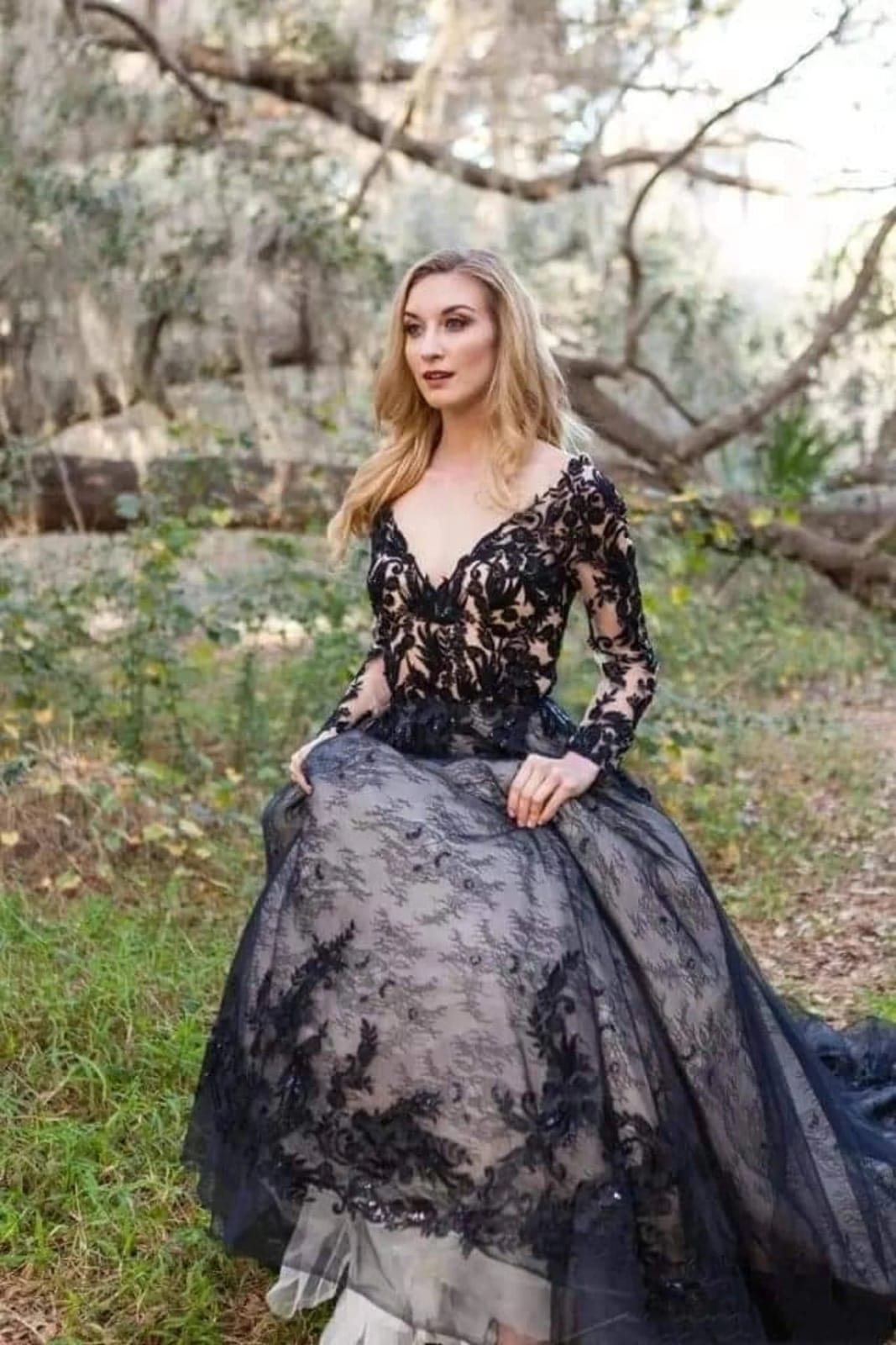 Gothic A-line V Neck Long Sleeve Chapel Black Lace Wedding Dress| Misdress