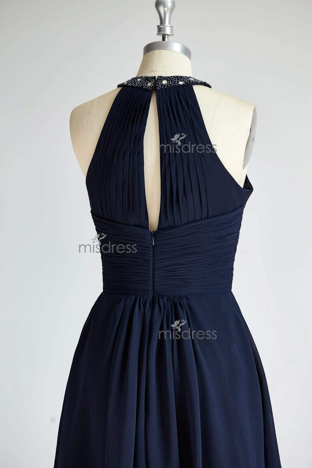 Halter Neck Navy Blue Beaded Chiffon Long Wedding Bridesmaid Dress| Misdress