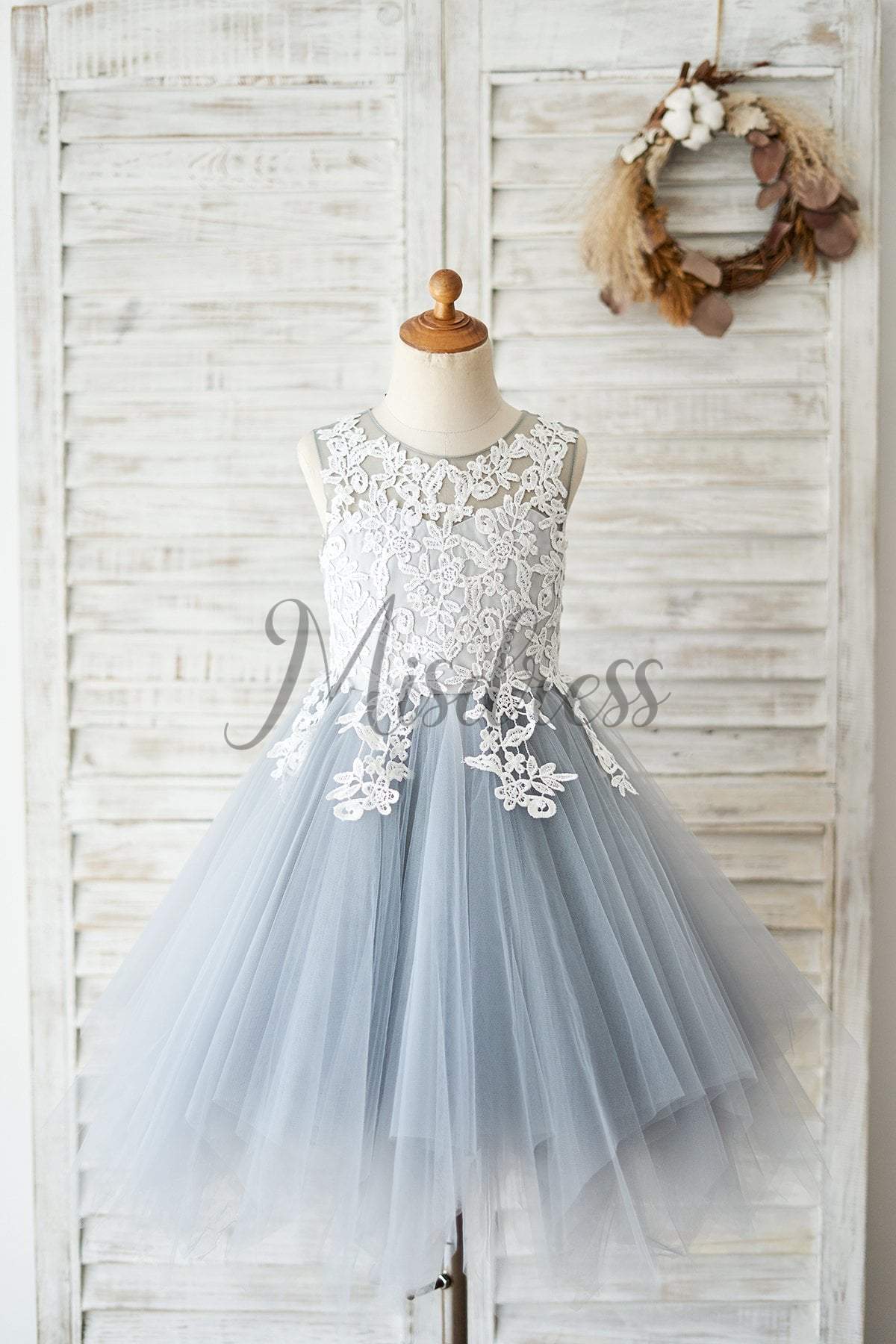 Ivory Lace Gray Tulle Wedding Flower Girl Dress Kids Party Birthday Dr ...