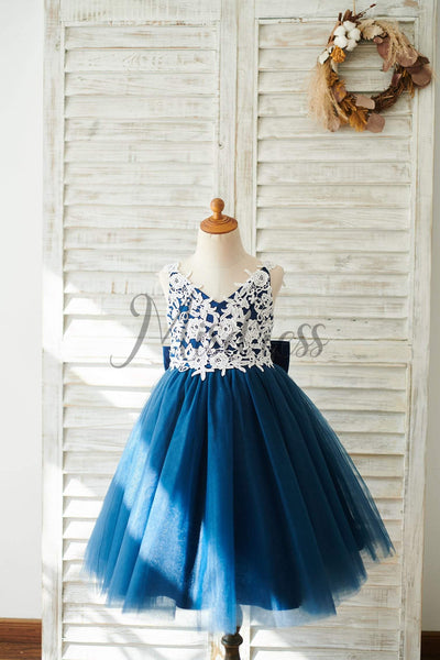 Lace Tulle Spaghetti Straps V Neck Wedding Flower Girl Dress, Bow| Misdress