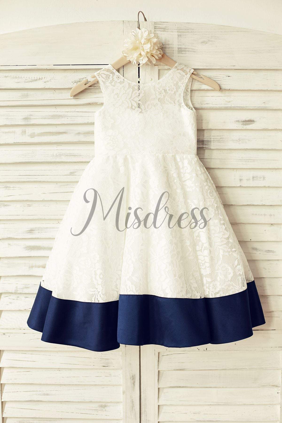 A-line Deep V Back Ivory Lace Flower Girl Dress, Navy Blue Bow| Misdress