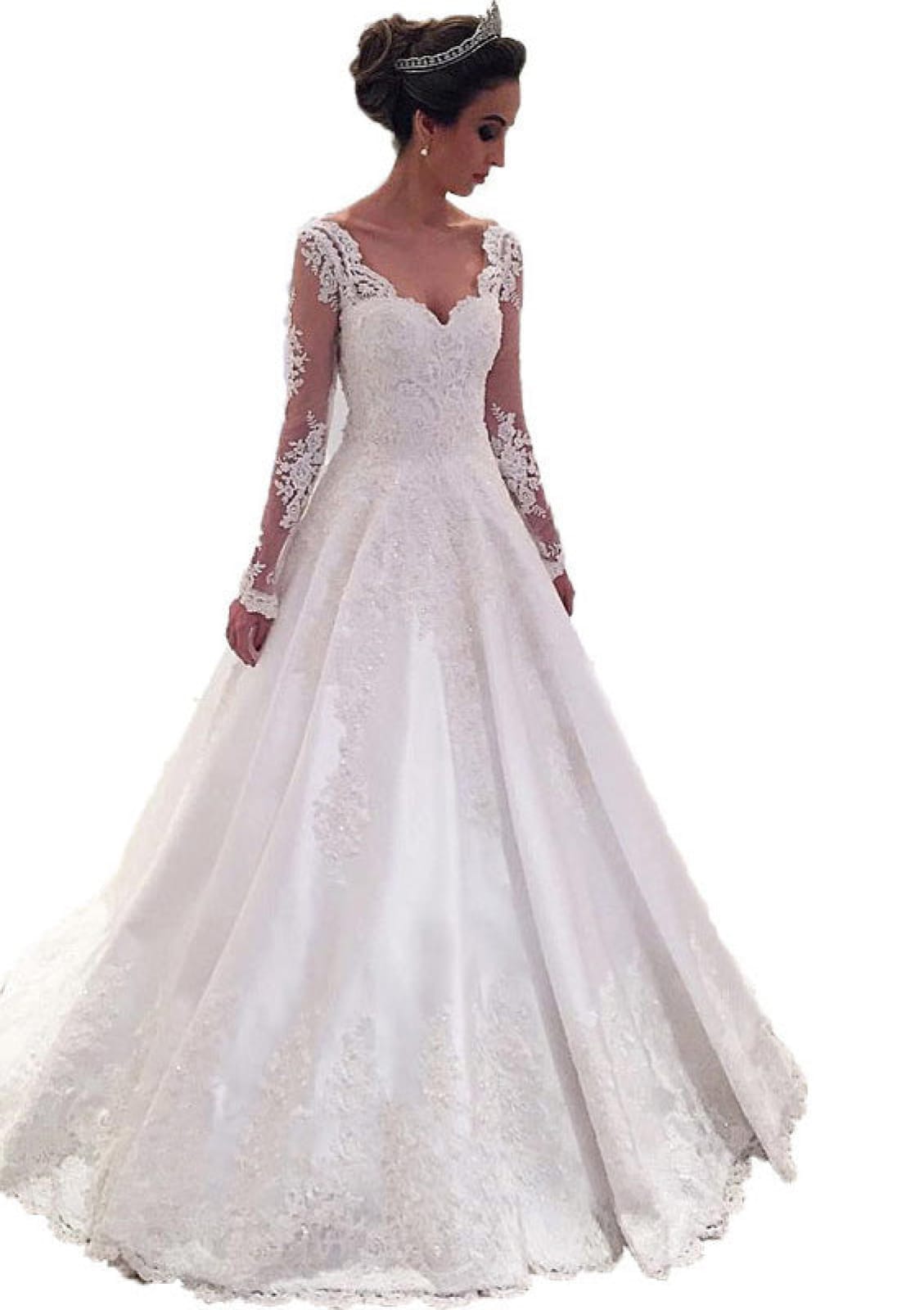 A-Line Long Sleeve Sweetheart Court Train Lace Wedding Dress| Misdress