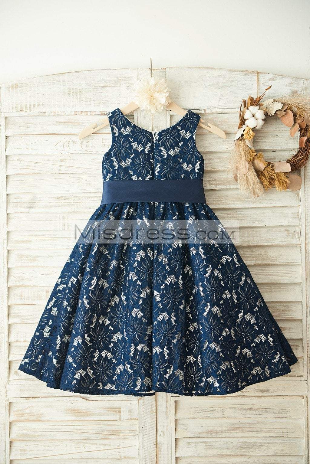 A-line Navy Blue Lace Sleeveless Wedding Flower Girl Dress, Belt| Misdress