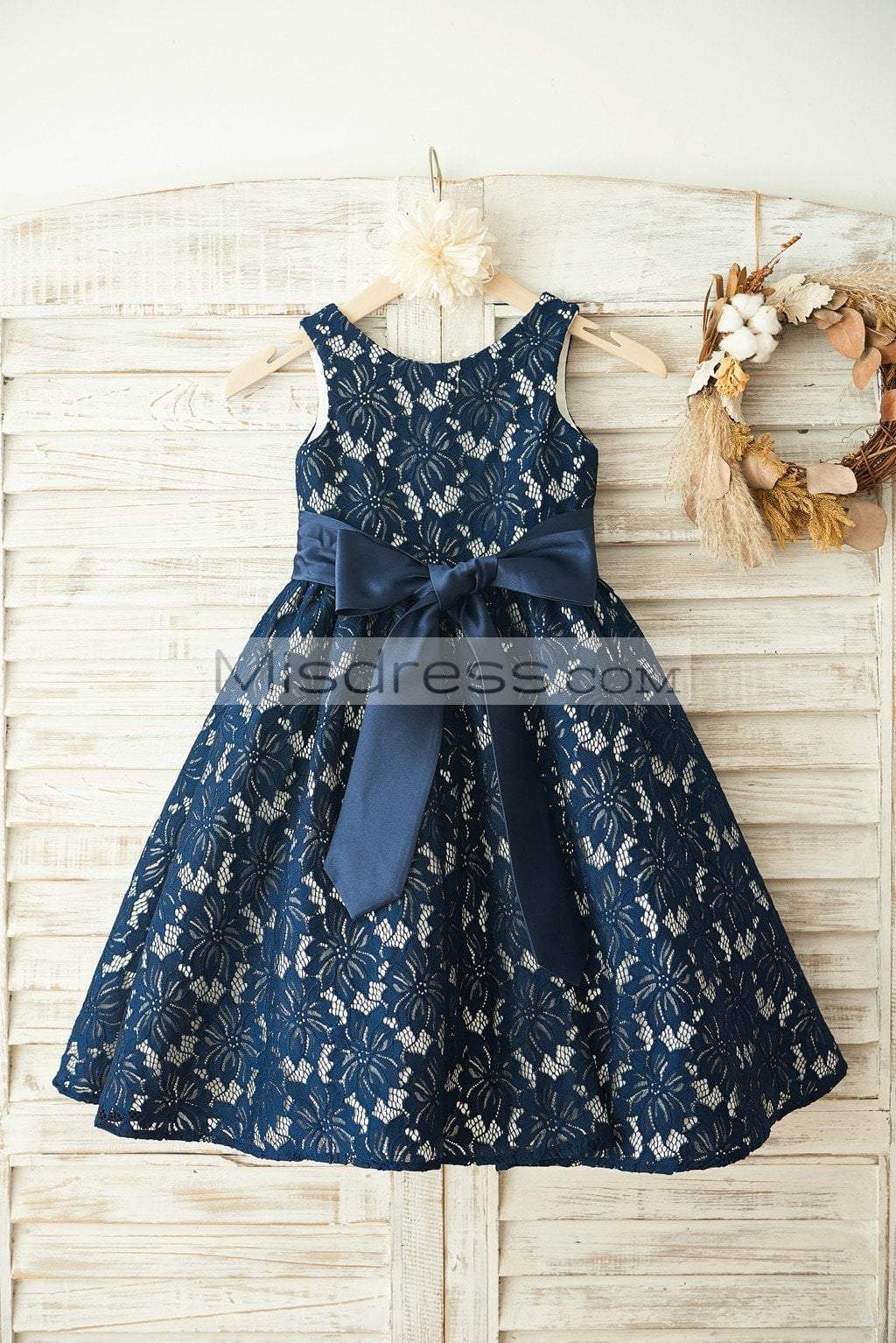 A-line Navy Blue Lace Sleeveless Wedding Flower Girl Dress, Belt| Misdress