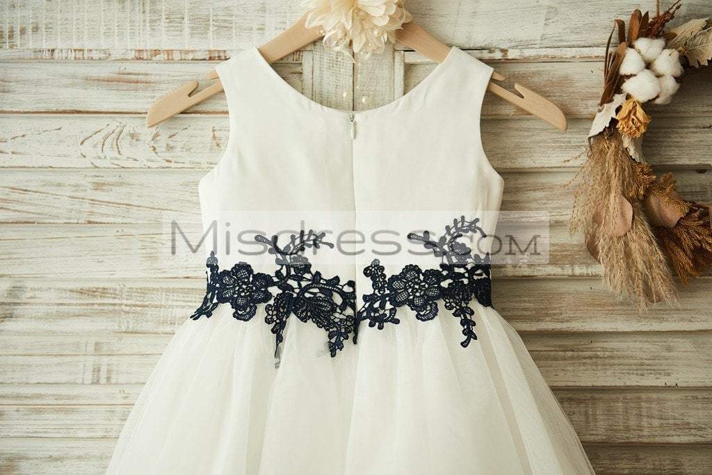 Princess Ivory Satin Tulle Black Lace Sleeveless Wedding Flower Girl Dress