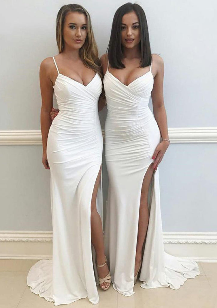 Sexy Satin Wedding Dresses with Side Split White Ivory Sweep Train Bridal  Gowns