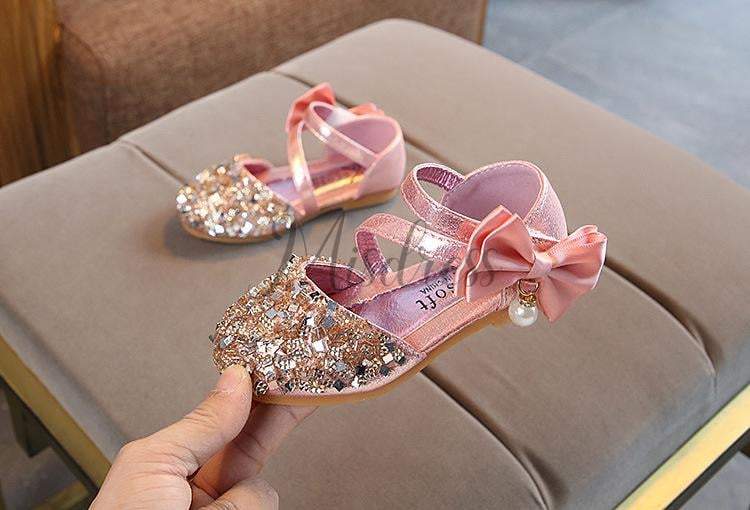 Silver/Gold/Pink Bow Leather Sequin Sandals Baby Dancing Shoes Flower Girl Shoes EU Size 28 / Pink