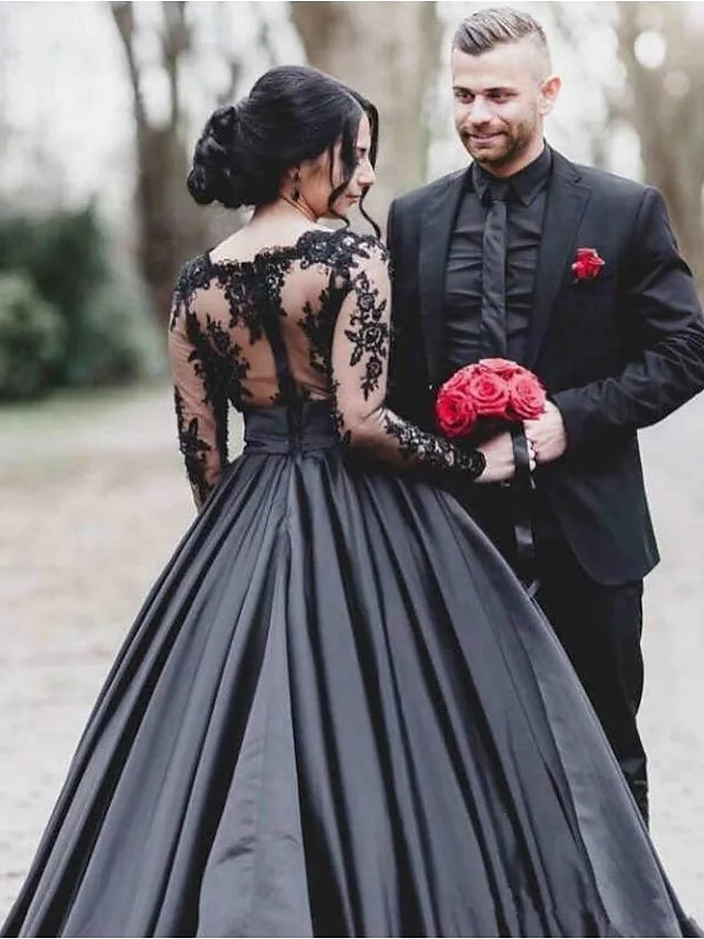 A-line Scalloped Bateau Long Sleeve Illusion Lace Satin Black Wedding